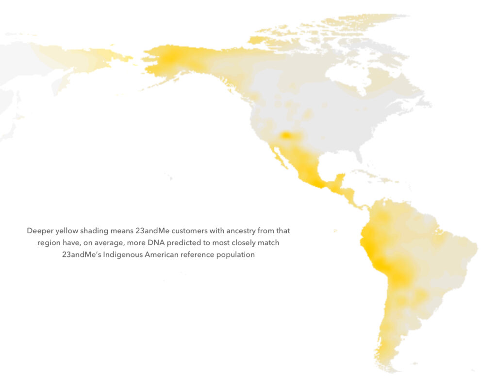 A map of the Americas that shades in where 23andMe customers with Indigenous American ancestry come from.
