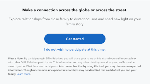 An example of how to opt into DNA Relatives that includes a warning.