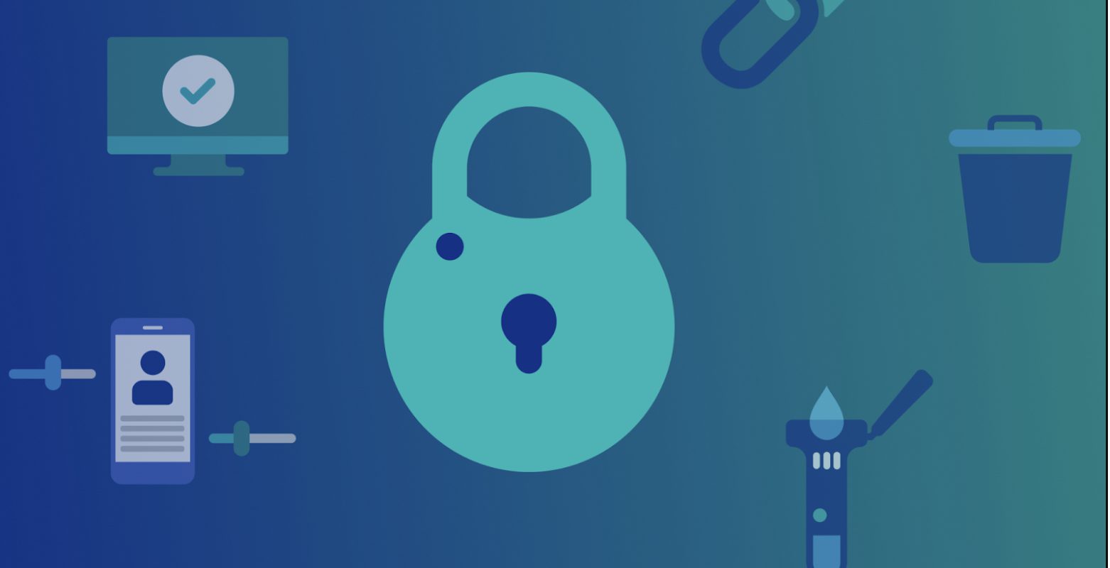 An image of a lock a computer, DNA and a mobile phone representing security protections.
