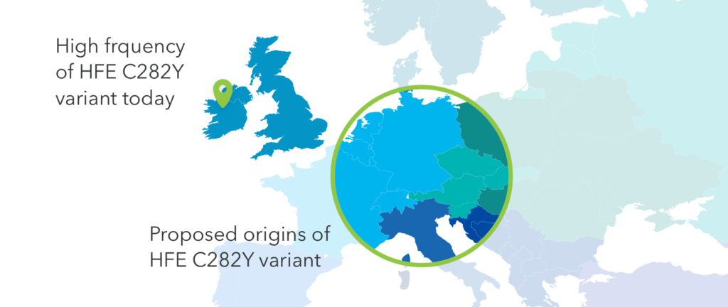 A color map of Europe showing the orgin of the HFE C282Y variant.