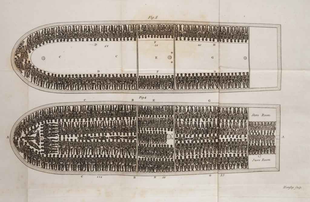 An etching from the 1800 showing the holds of a ship with enslaved Africans crowded inside.