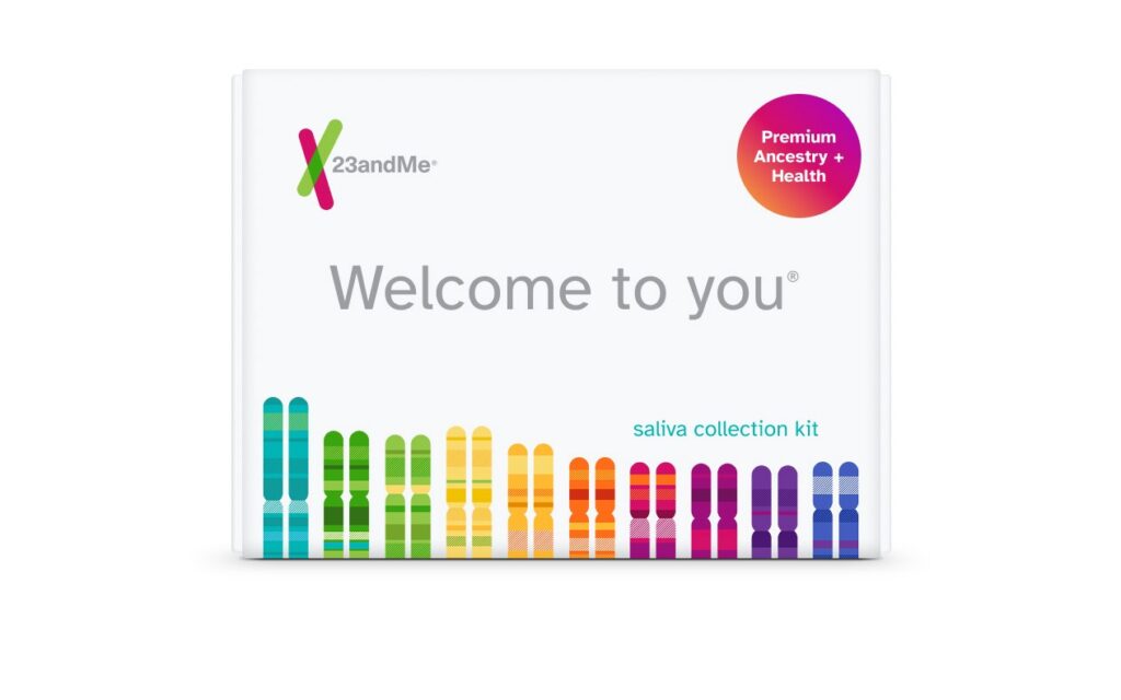 The 23andMe Premium Ancestry + Health saliva collection kit in its box.
